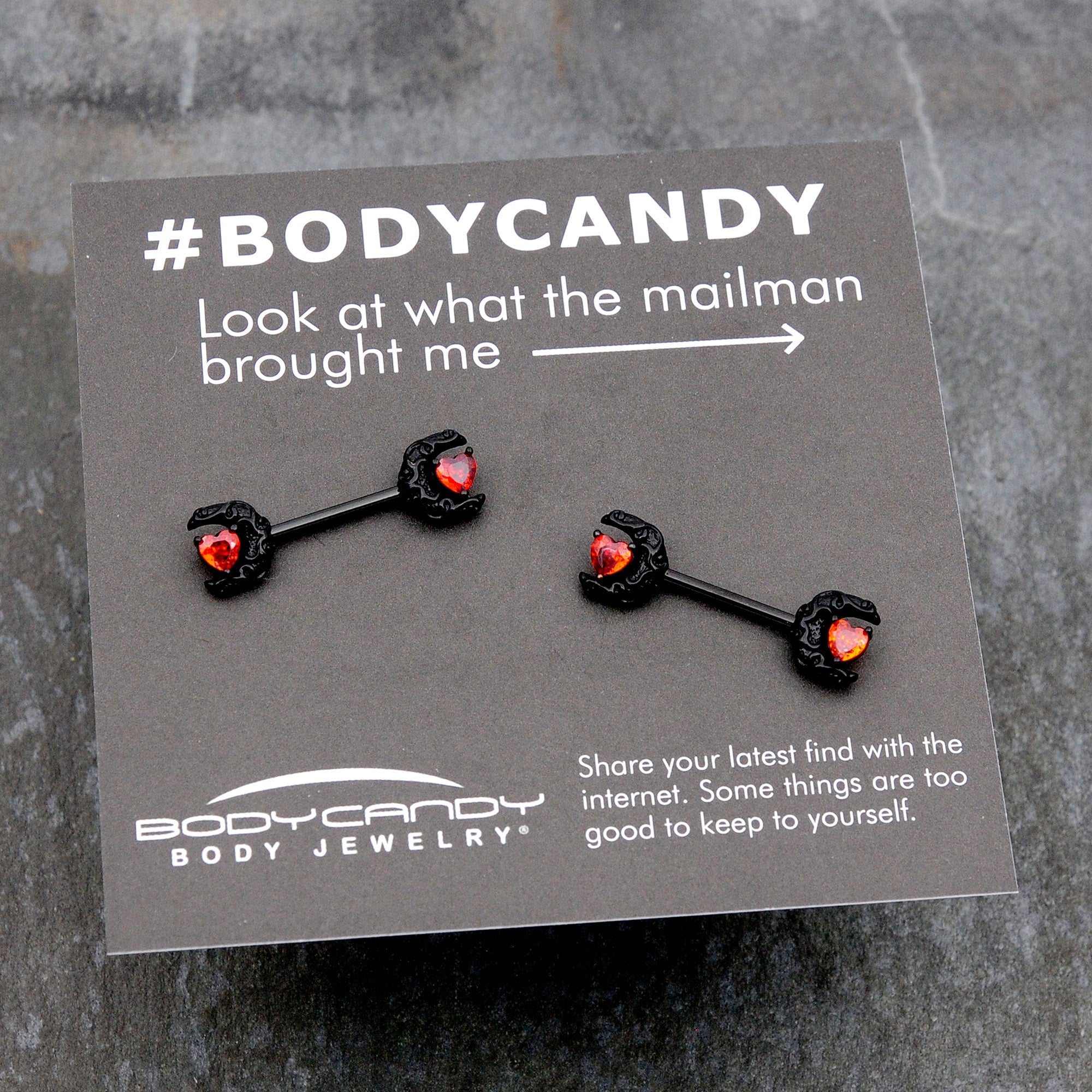 14G 9/16 Red CZ Gem Black Scroll Moon Heart Barbell Nipple Ring Set