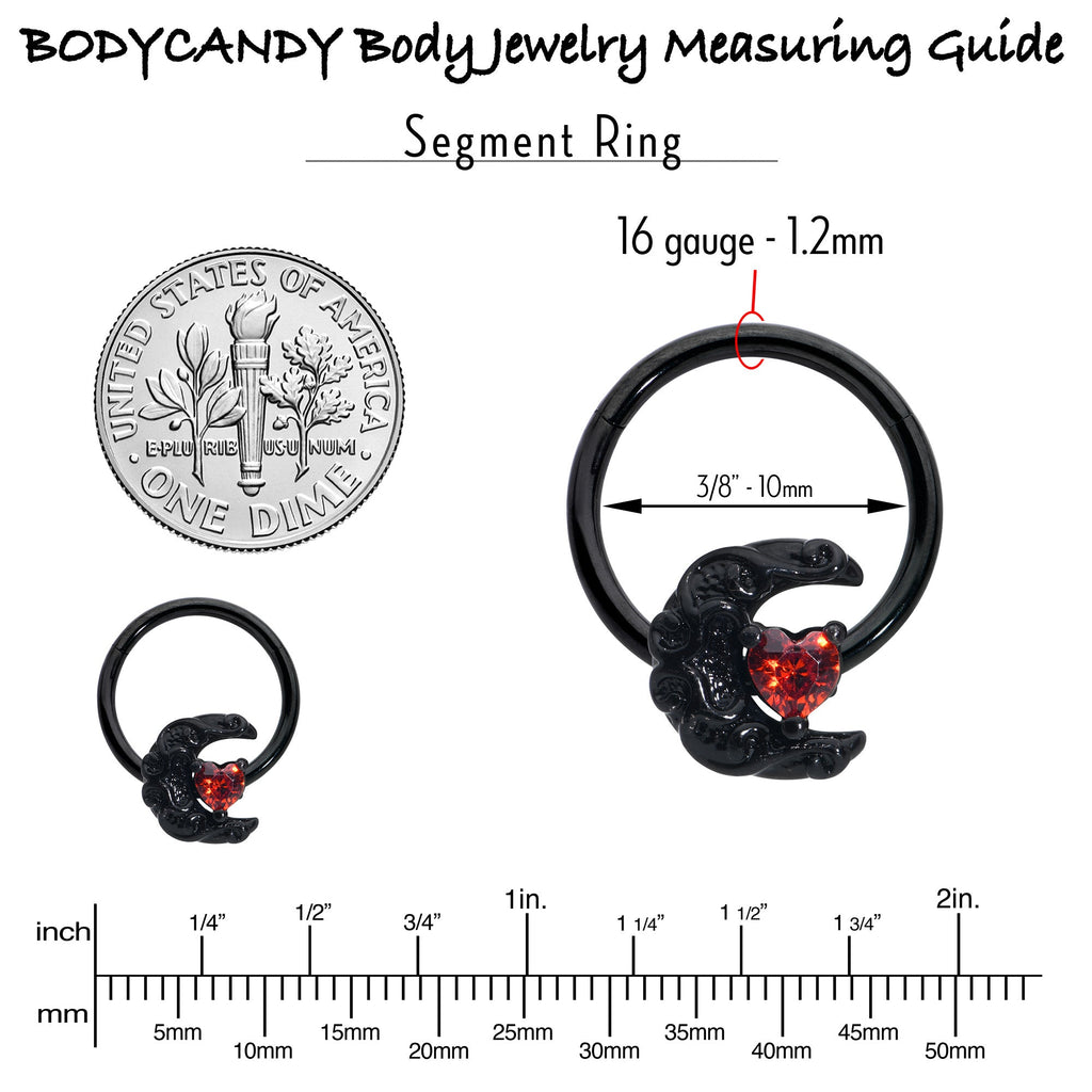 16G 3/8 Red CZ Gem Black Scroll Moon Heart Hinged Segment Ring
