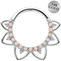 16G 3/8 White Synthetic Opal 14k White Gold Filigree Hinged Segment Ring