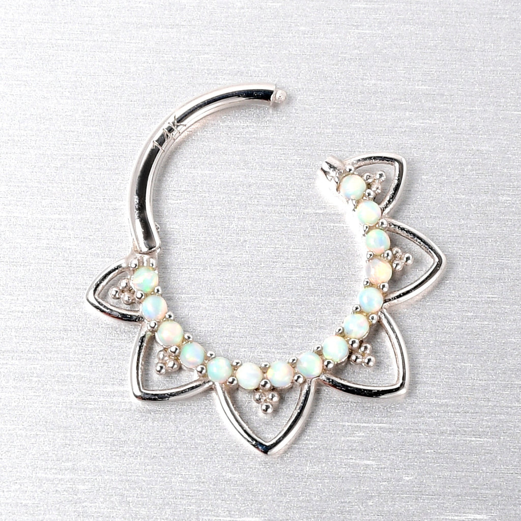 16G 3/8 White Synthetic Opal 14k White Gold Filigree Hinged Segment Ring