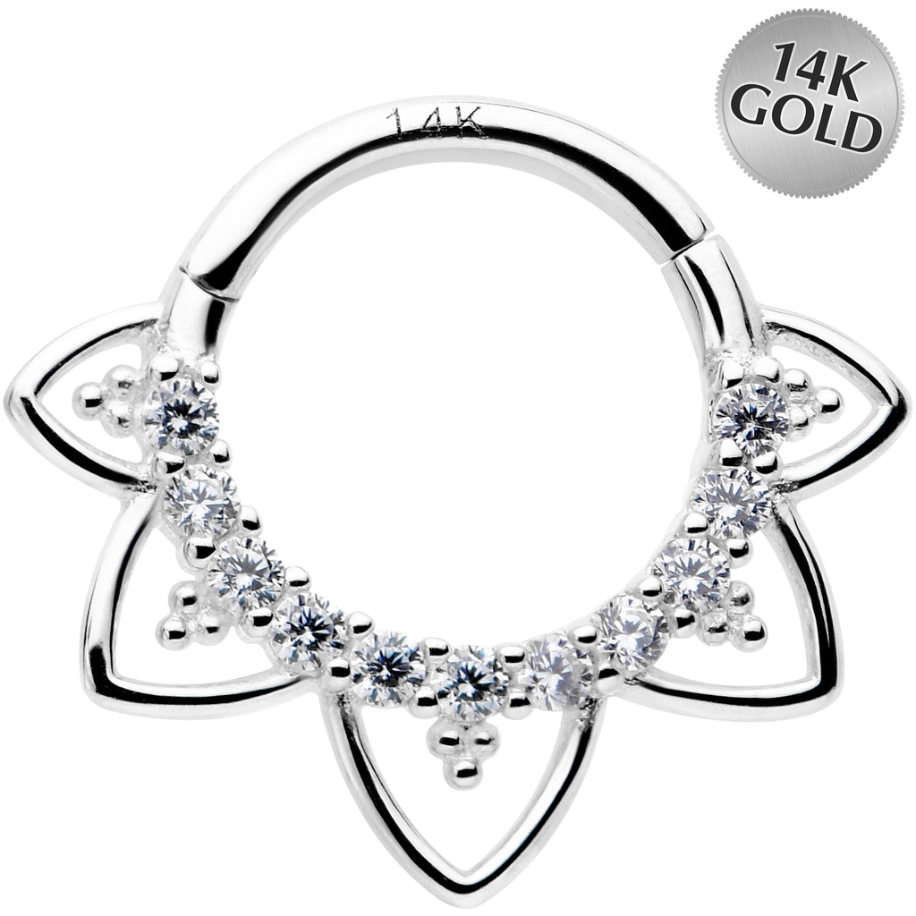 16G 5/16 Clear CZ Gem 14k White Gold Filigree Hinged Segment Ring