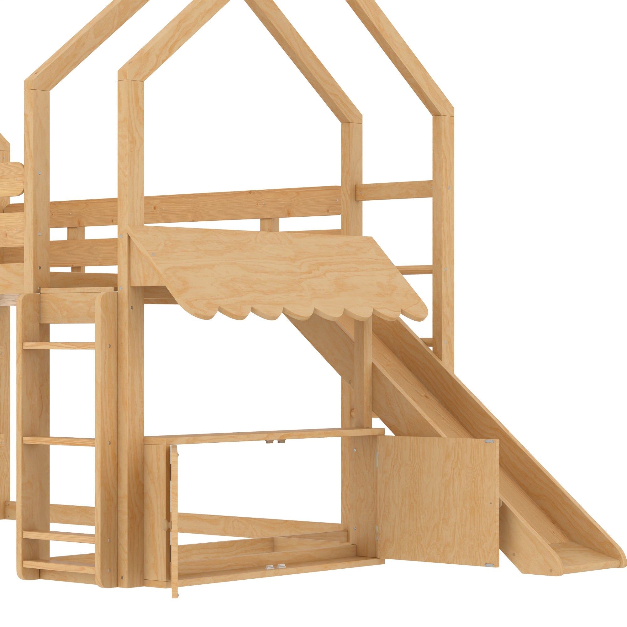 Full Size Loft Bed with Bookshelf Playful Design for Kids House-Shaped Structure with Slide High-Quality Safety Rails,Natural