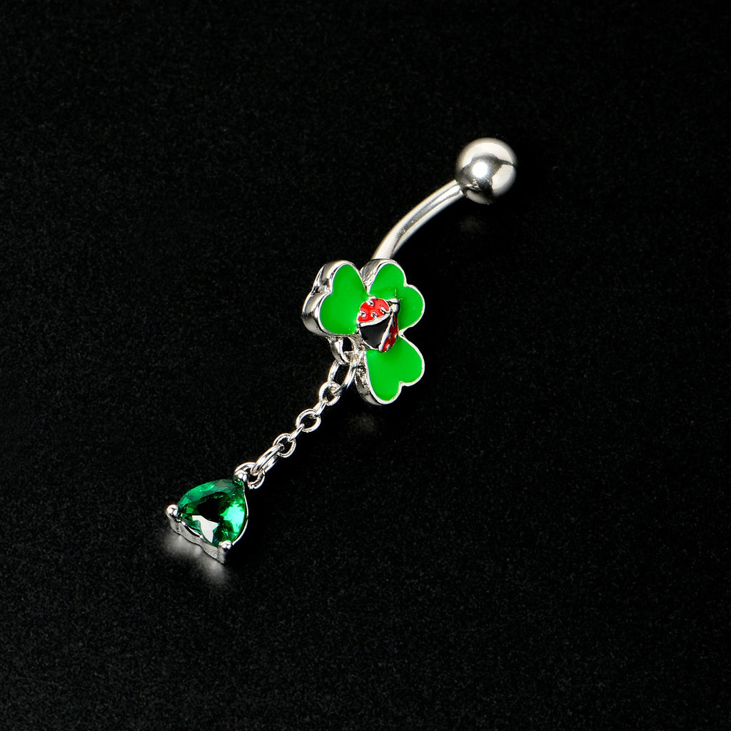 Green Gem Shamrock Ladybug St Patricks Dangle Belly Ring