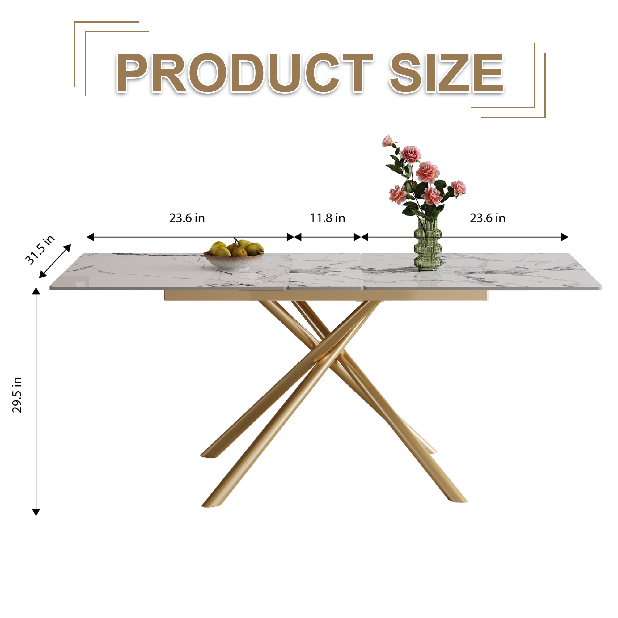59-inch Modern rectangle Expandable Dining Table with Retractable Leaf, Sintered Stone Top & Golden Carbon Steel X-Base, Sturdy 4-6 Person Table for Small Apartments, Kitchen, Dining Room