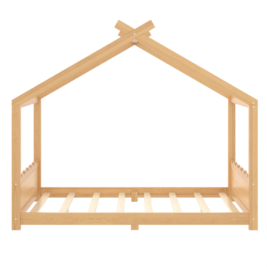 Full House Floor Bed with Support Slats, Solid Wood House Bed Frame for Kids, No Box Spring Needed and Opening Constructure, Natural