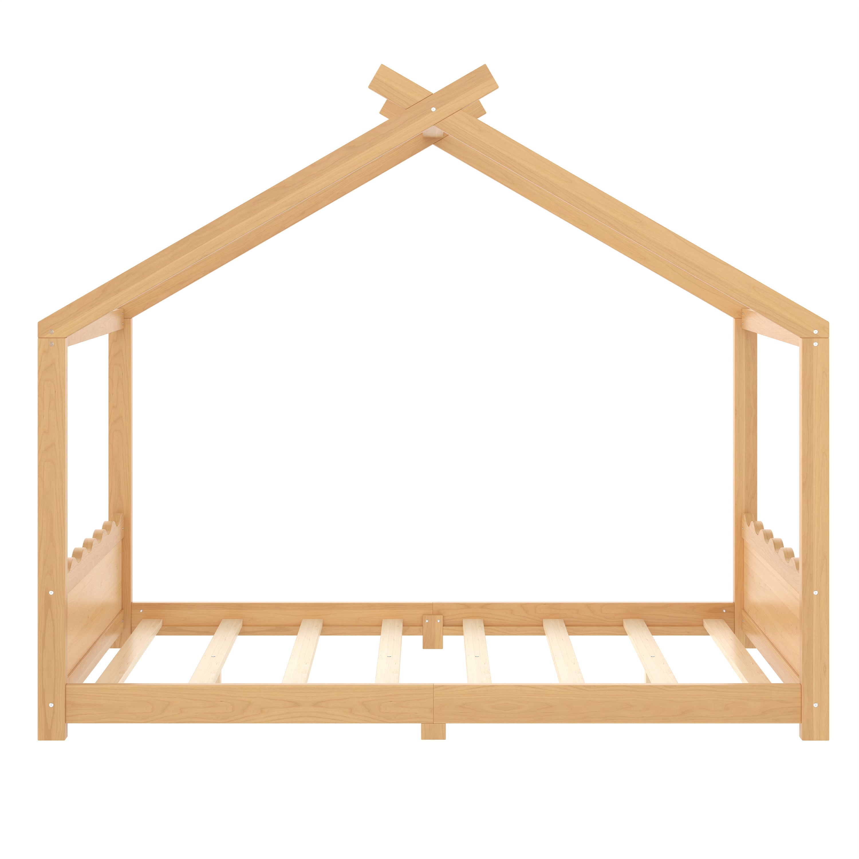 Full House Floor Bed with Support Slats, Solid Wood House Bed Frame for Kids, No Box Spring Needed and Opening Constructure, Natural