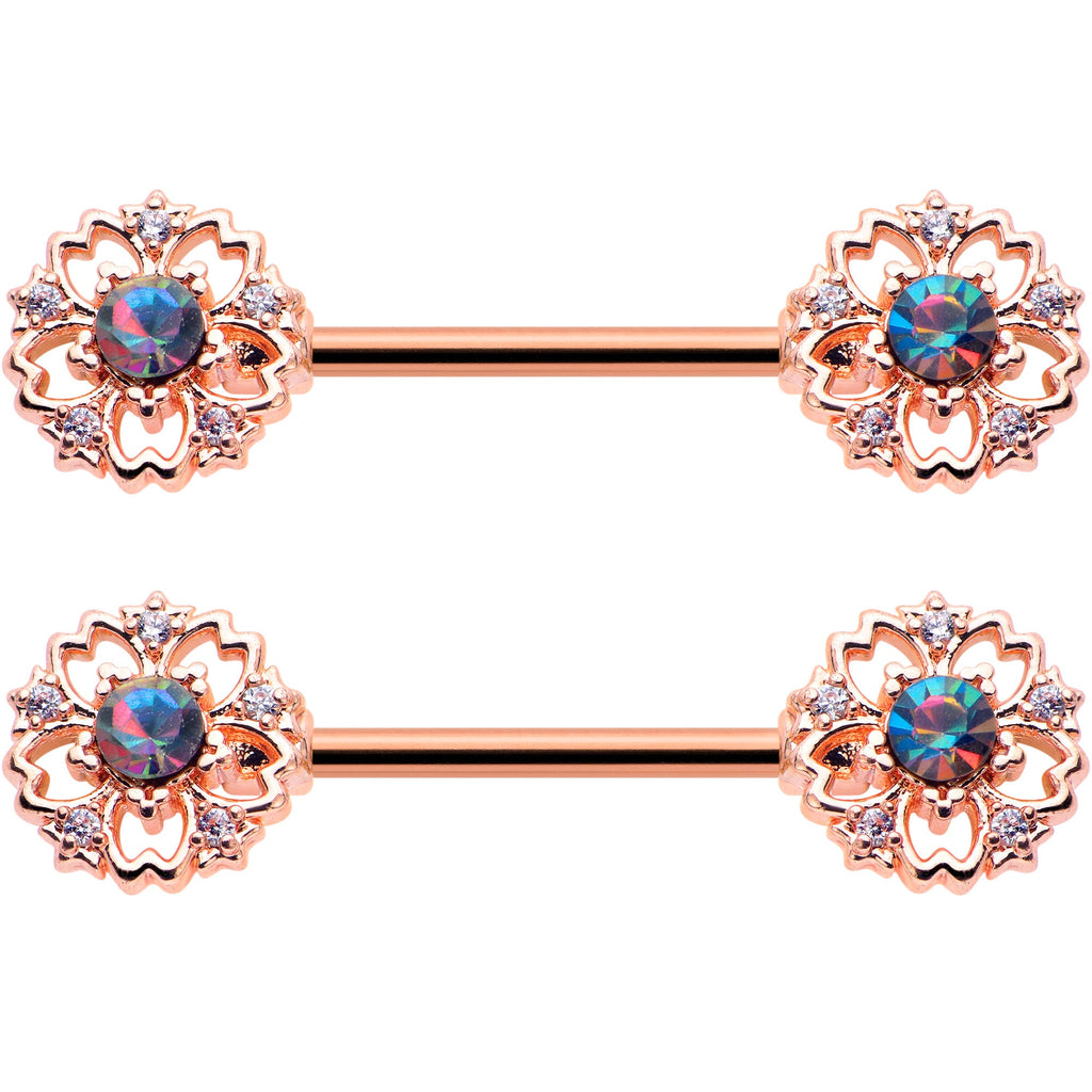 14G 9/16 Vitrail Gem Rosy Hue Flower Barbell Nipple Ring Set
