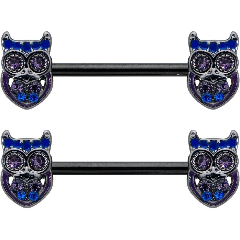14G 9/16 Purple Blue Gem Black Opulent Owl Barbell Nipple Ring Set