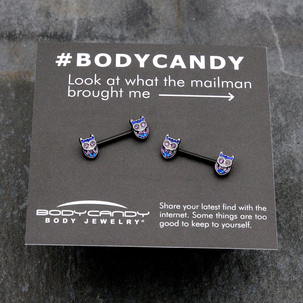 14G 9/16 Purple Blue Gem Black Opulent Owl Barbell Nipple Ring Set