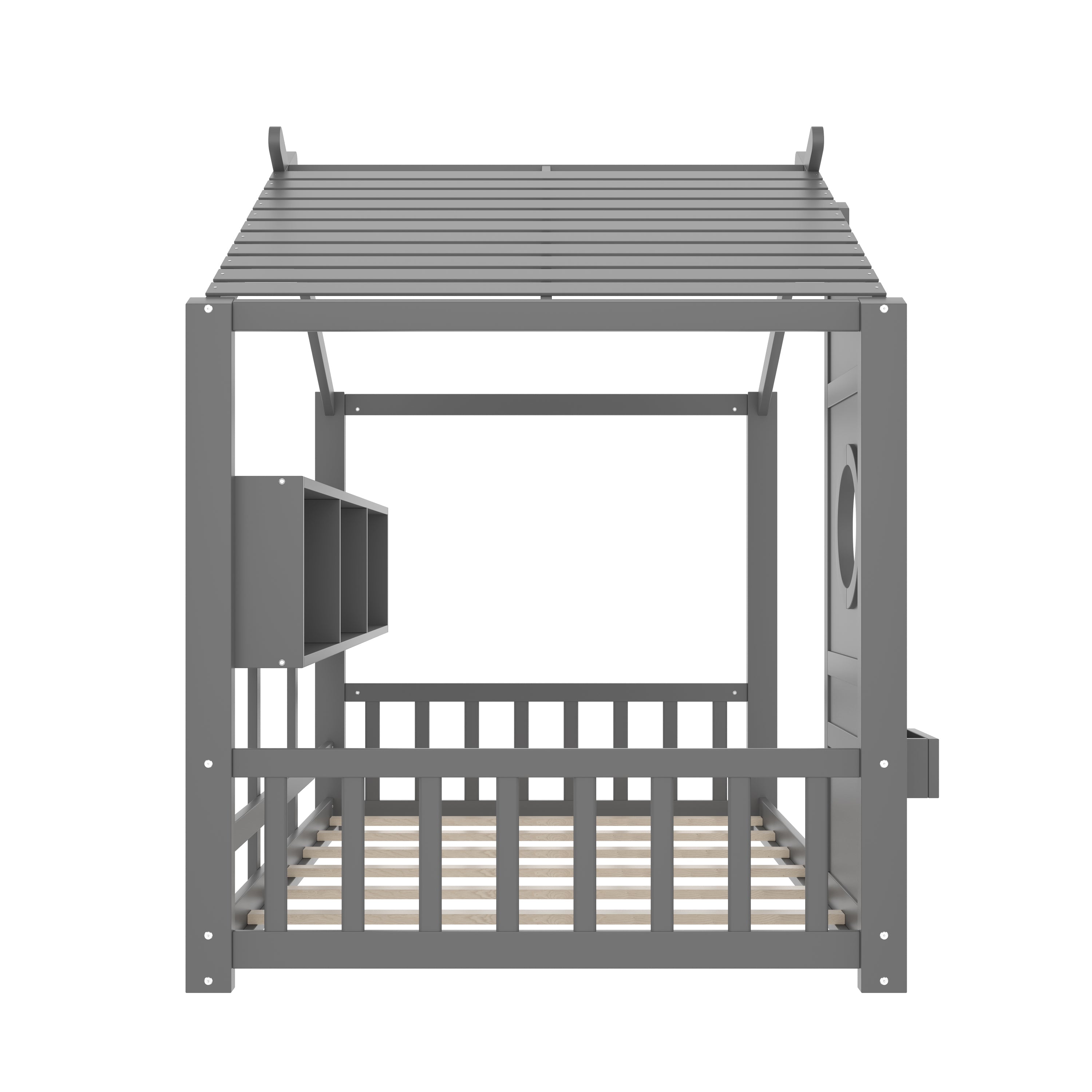 Twin Size Floor House Bed for Toddler, Kids Montessori Bed  with Storage Shelf, Playhouse Bed with Roof Design, Gray