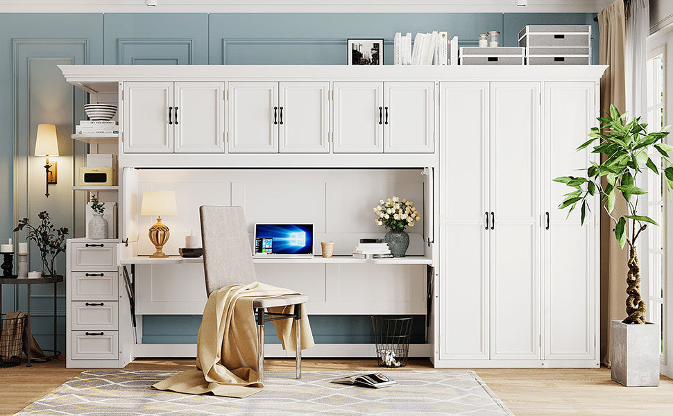 Twin Size Murphy Bed Wall Bed with Wardrobe, Cabinet and Desk, White