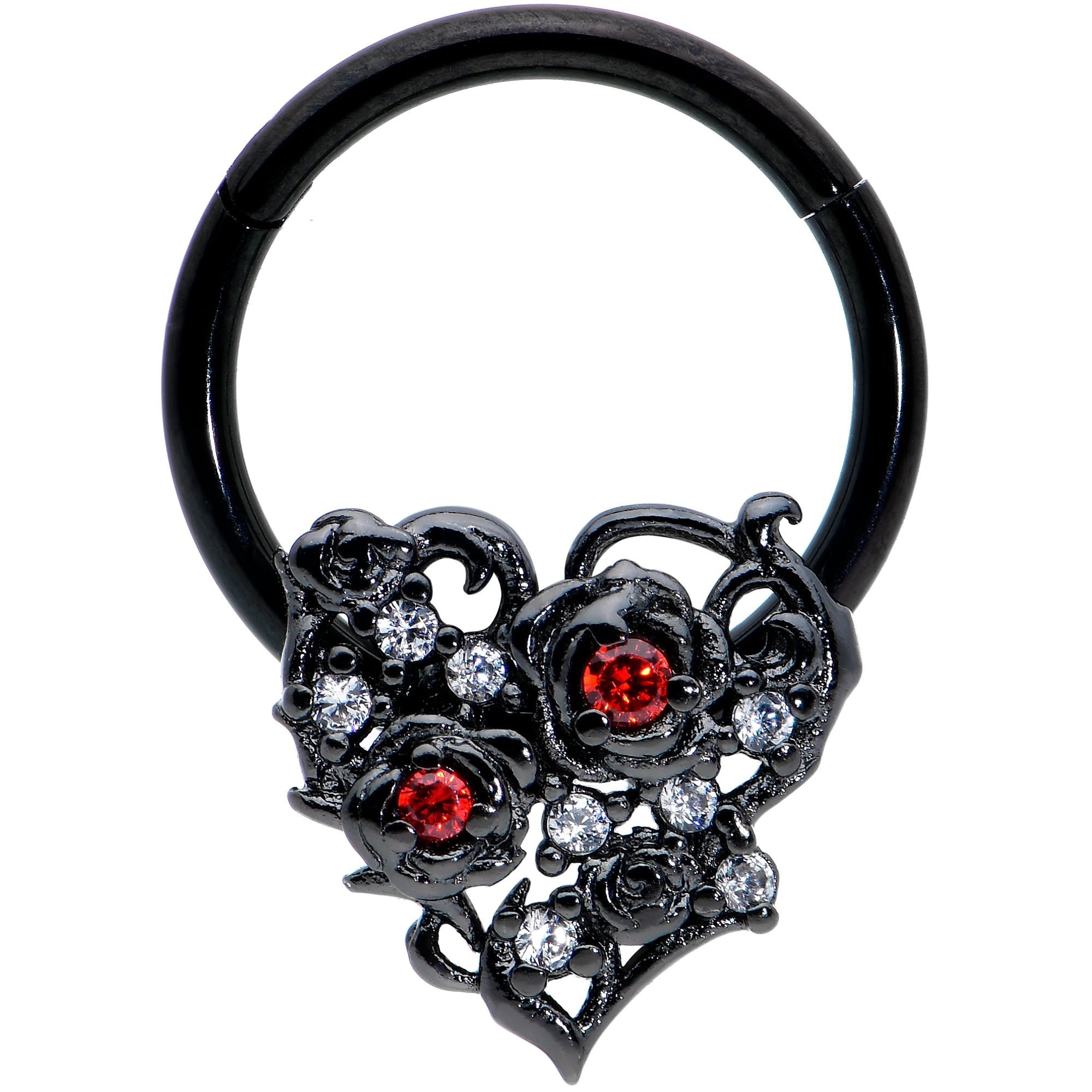 16G 3/8 Clear Red CZ Gem Black Heart Floral Hinged Segment Ring