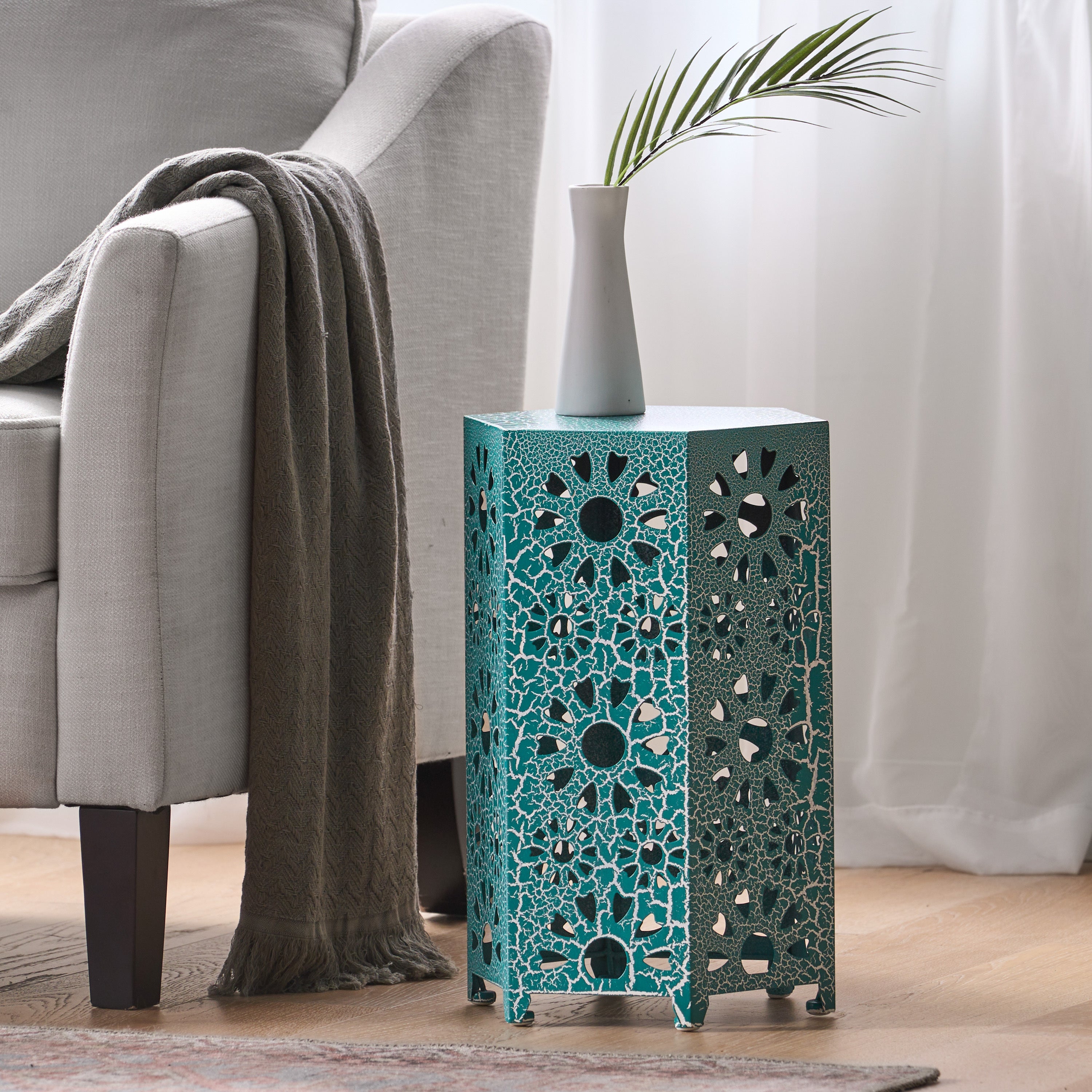 ELIANA Modern 12' Side Table with Iron Frame in Teal Finish