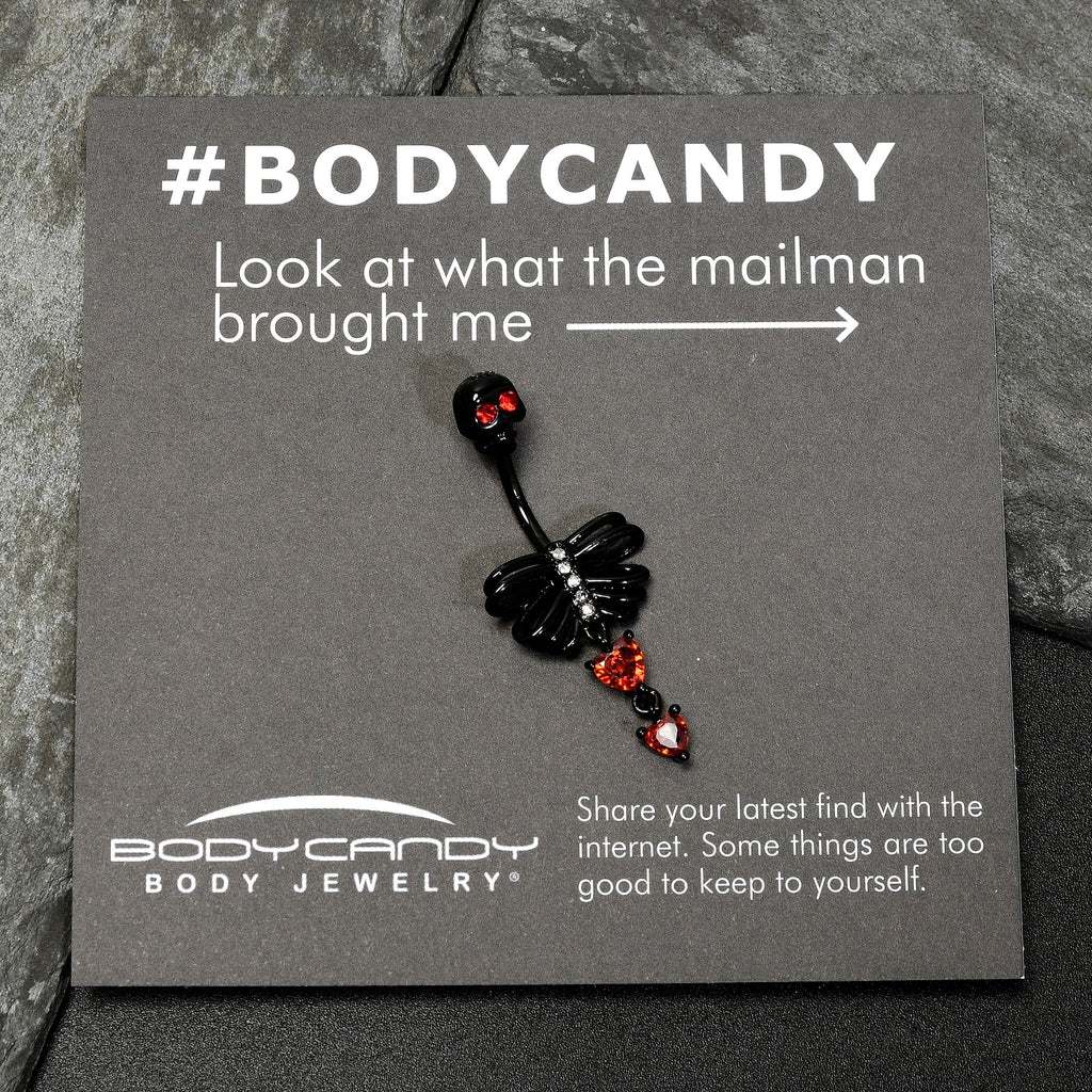 Red CZ Gem Black Skeleton Hearts Gothic Dangle Belly Ring