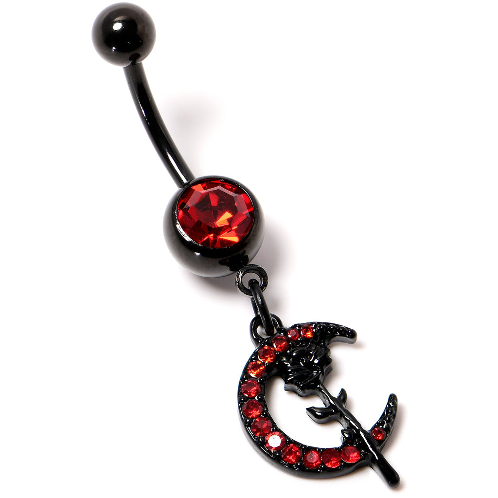 Red CZ Gem Black Moon Rose Flower Gothic Dangle Belly Ring