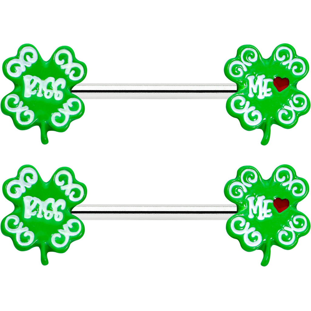 14G 9/16 Kiss Me Shamrock St Patricks Barbell Nipple Ring Set