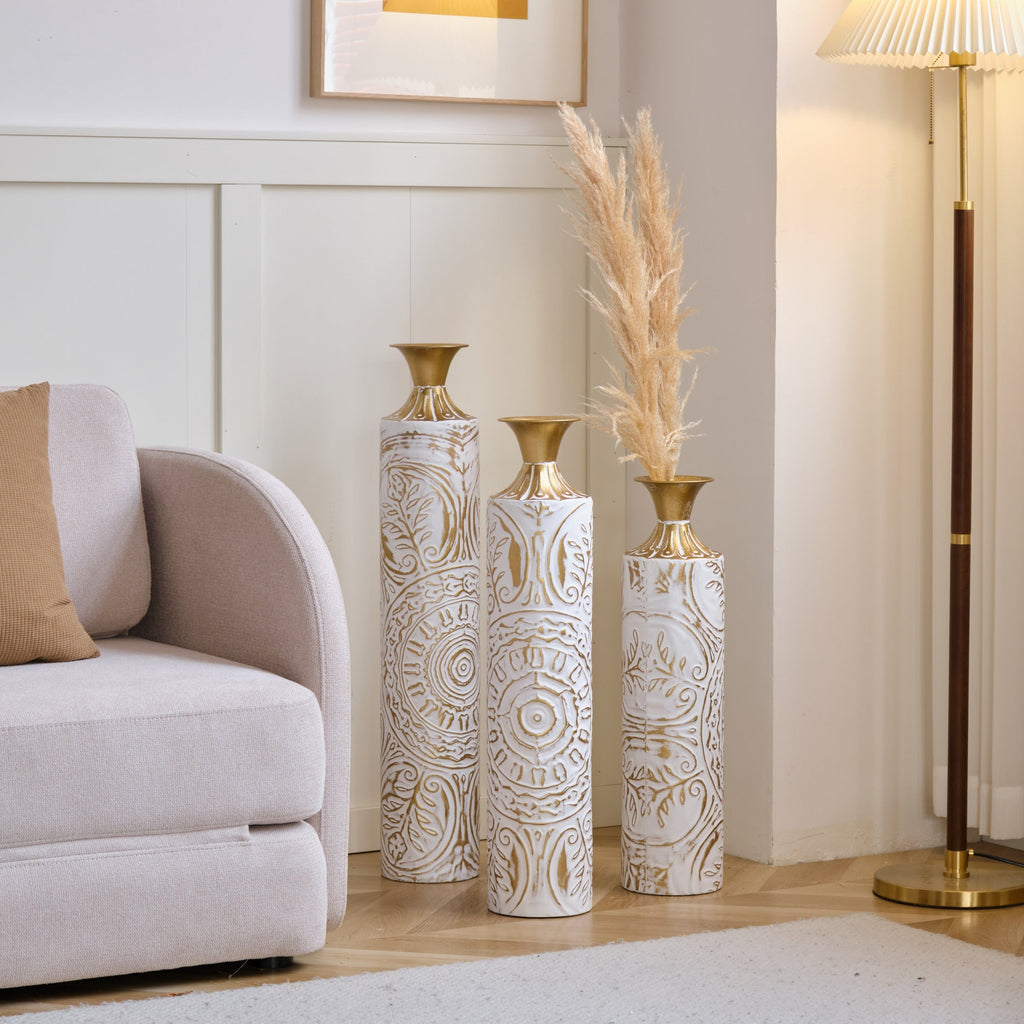 Floor Metal Vases Decorated White Metal Vases Set of 3 Gorgeous Home Decoration Large Glazed Metal Vases 24in/28.7in/33.5in Height