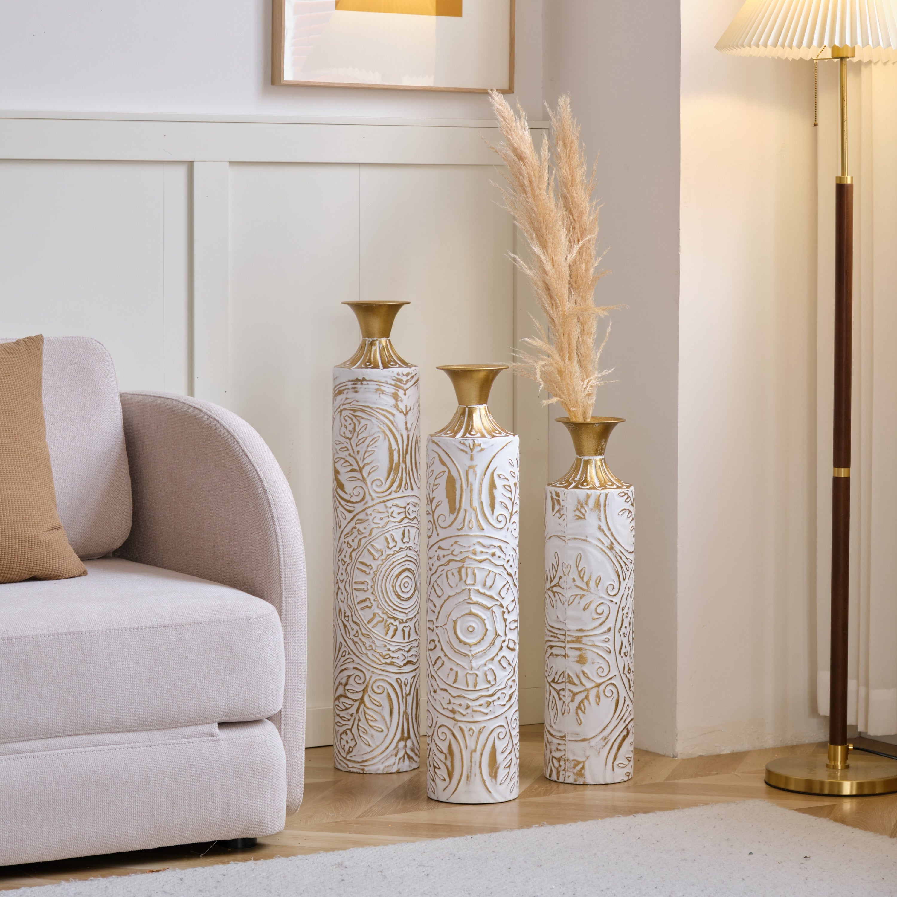 Floor Metal Vases Decorated White Metal Vases Set of 3 Gorgeous Home Decoration Large Glazed Metal Vases 24in/28.7in/33.5in Height