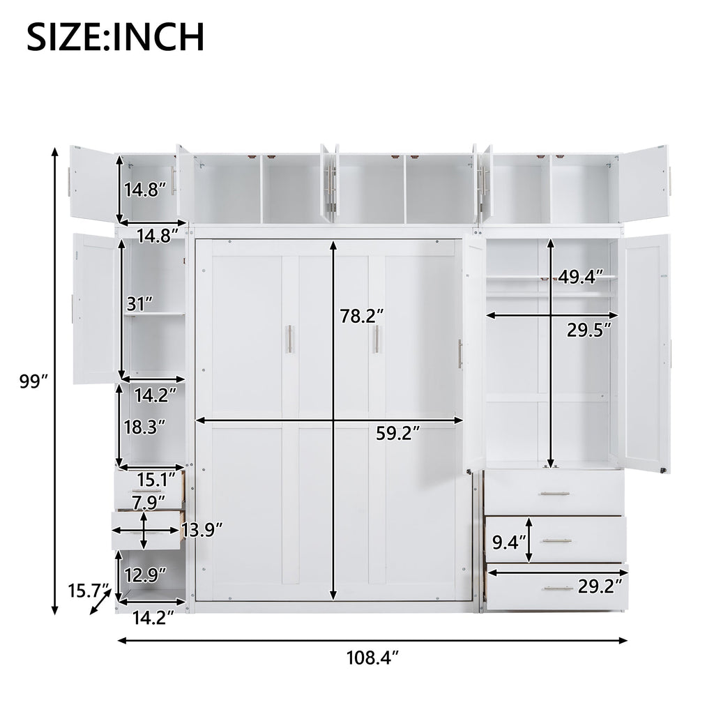 White Full Size Murphy Bed with Lockers and Wardrobes, MDF+Pine, 108.4''L x 15.7''W x 99''H