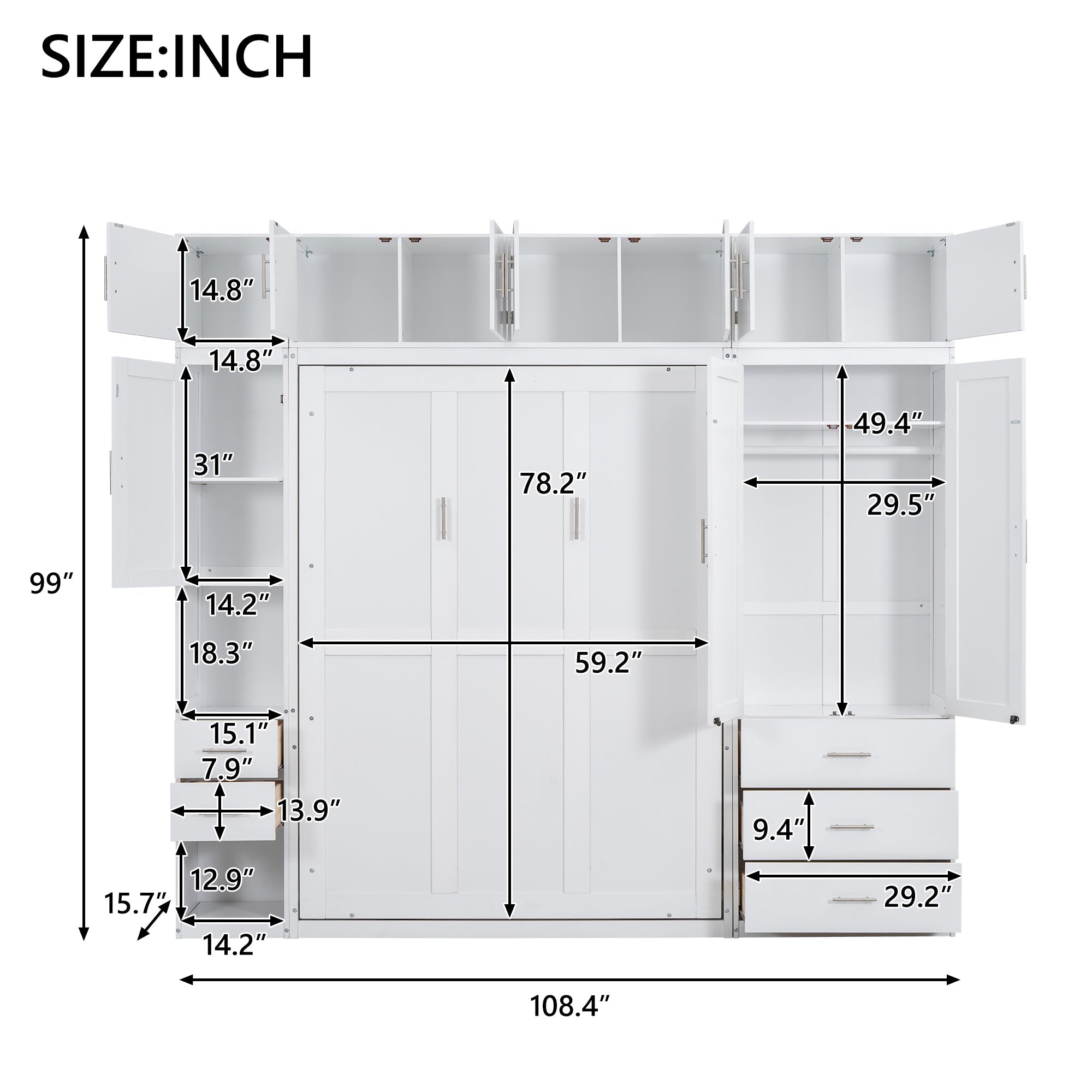 White Full Size Murphy Bed with Lockers and Wardrobes, MDF+Pine, 108.4''L x 15.7''W x 99''H