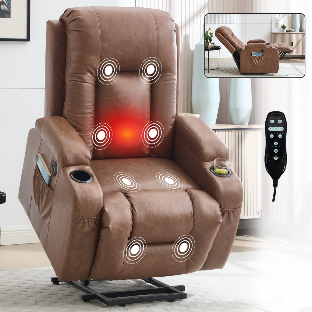 Brown PU Infinite Position Up to 350 LBS Power Lift Recliner Chair for Elderly, Heavy Duty Motion Mechanism with 8-Point Vibration Massage and Lumbar Heating, USB Charging Port, Cup Holders