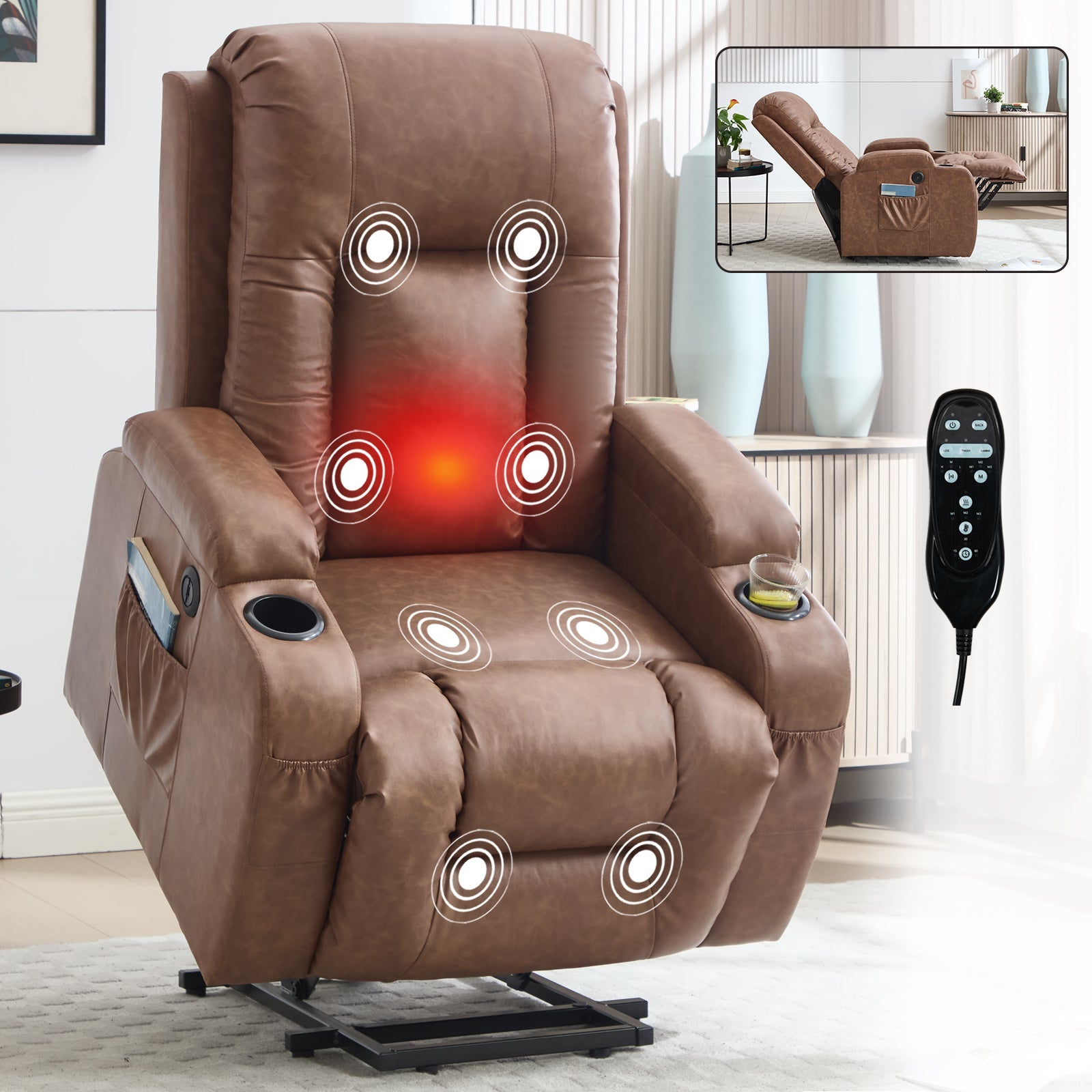 Brown PU Infinite Position Up to 350 LBS Power Lift Recliner Chair for Elderly, Heavy Duty Motion Mechanism with 8-Point Vibration Massage and Lumbar Heating, USB Charging Port, Cup Holders