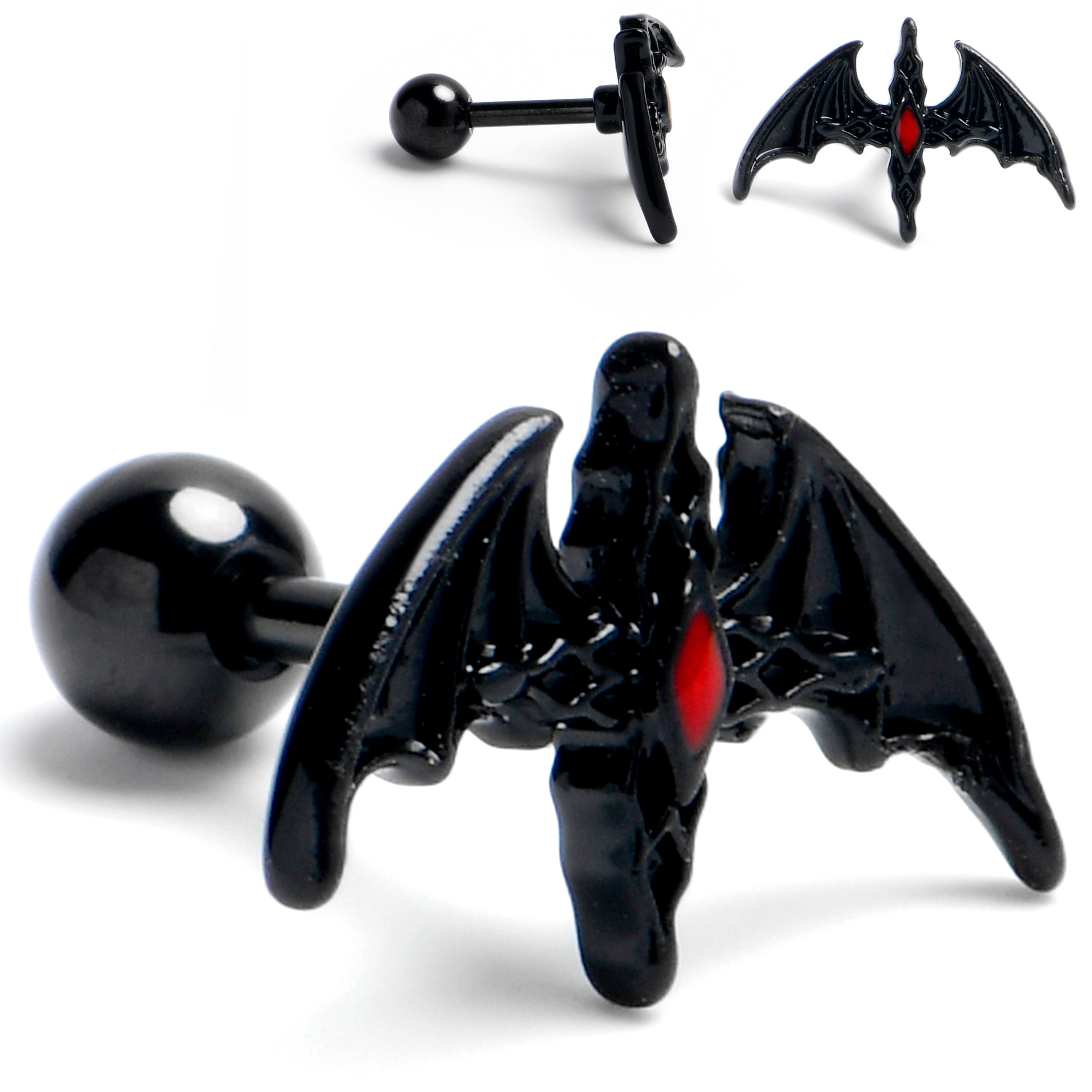 16G 1/4 Black Soaring Bat Cartilage Tragus Earring