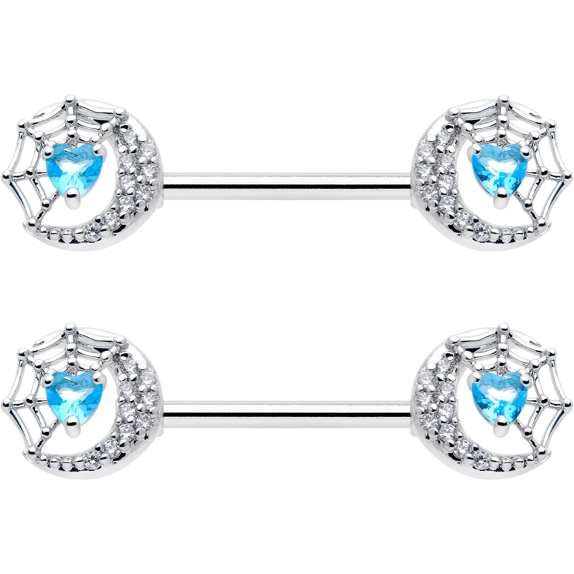 14G 9/16 Blue CZ Gem Heart Web Moon Barbell Nipple Ring Set