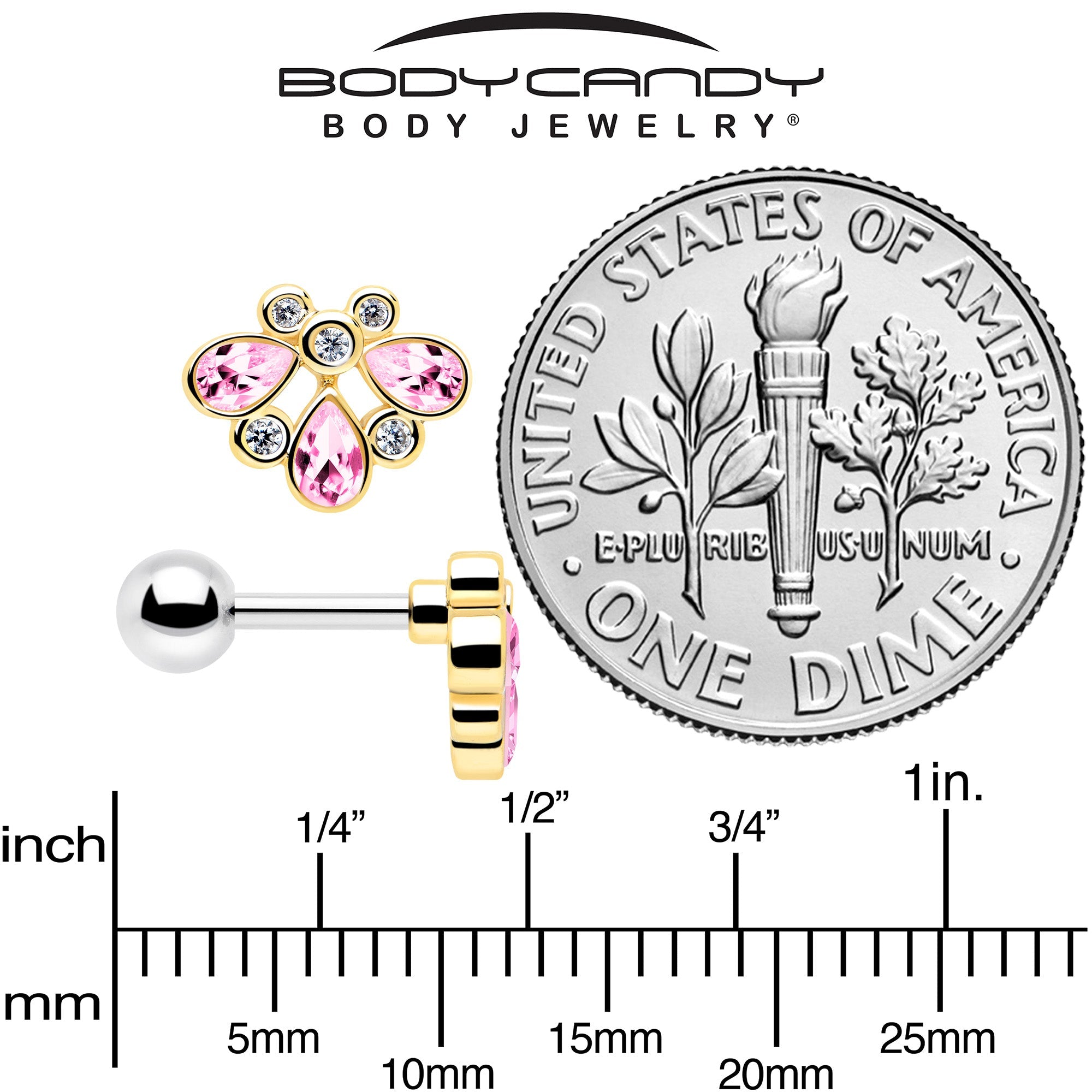 16G 1/4 Pink Gem Golden Crown Deluxe Cartilage Tragus Earring