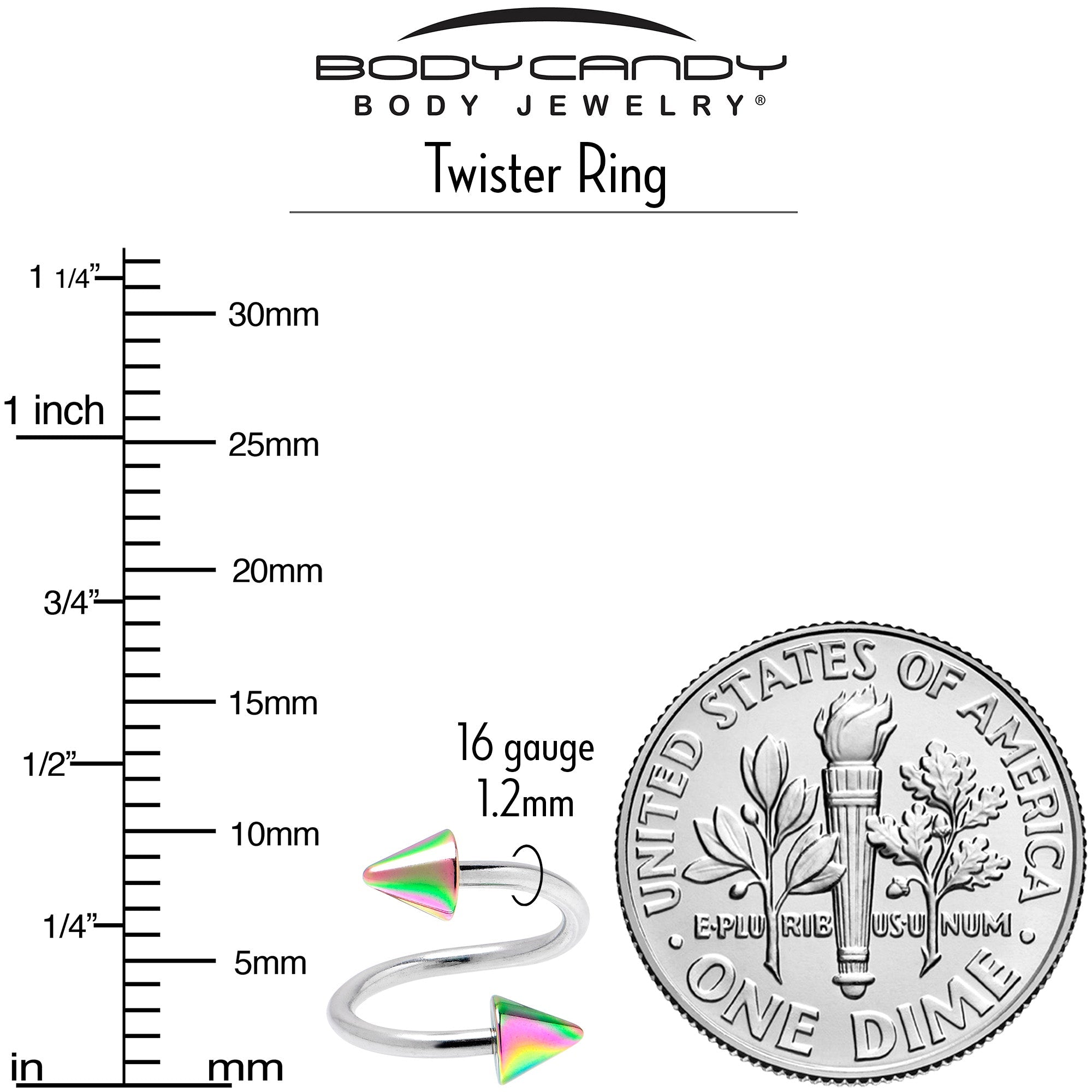 16G 3/8 Rainbow Cone Ends Spiral Twister Eyebrow Ring