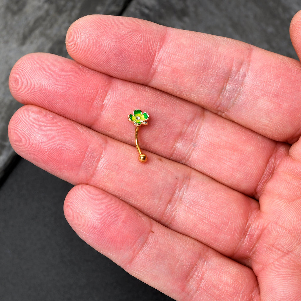 16G 5/16 Clear Gem Gold Tone Lucky Shamrock Curved Eyebrow Ring