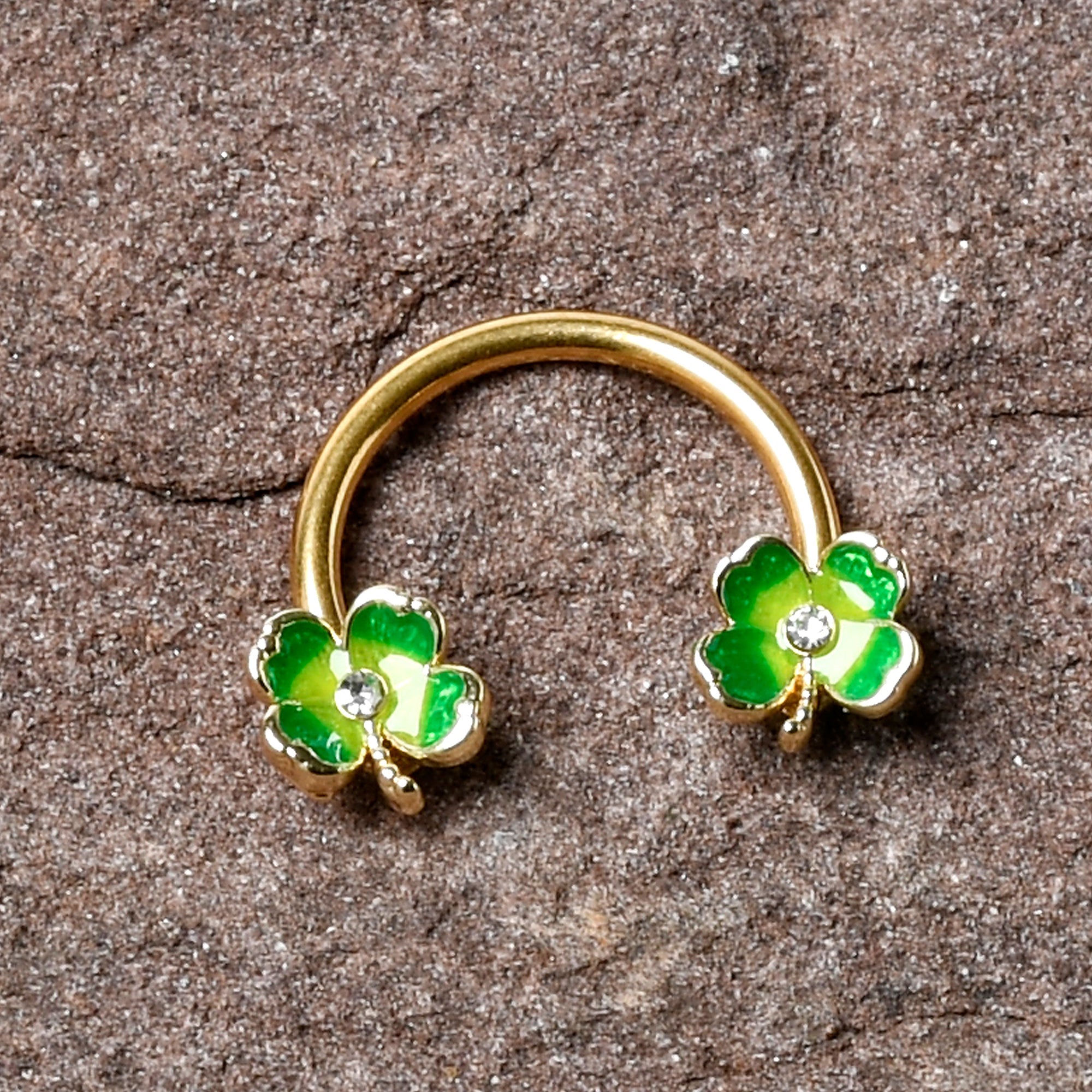 16G 3/8 Clear Gem Gold Hue Lucky Shamrock Horseshoe Circular Barbell