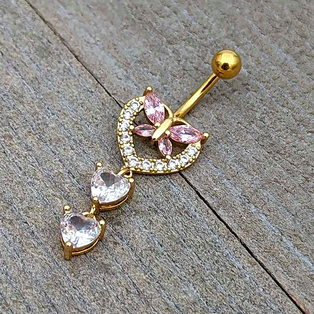 Clear Pink CZ Gem Gold Tone Heart Butterfly Double Dangle Belly Ring