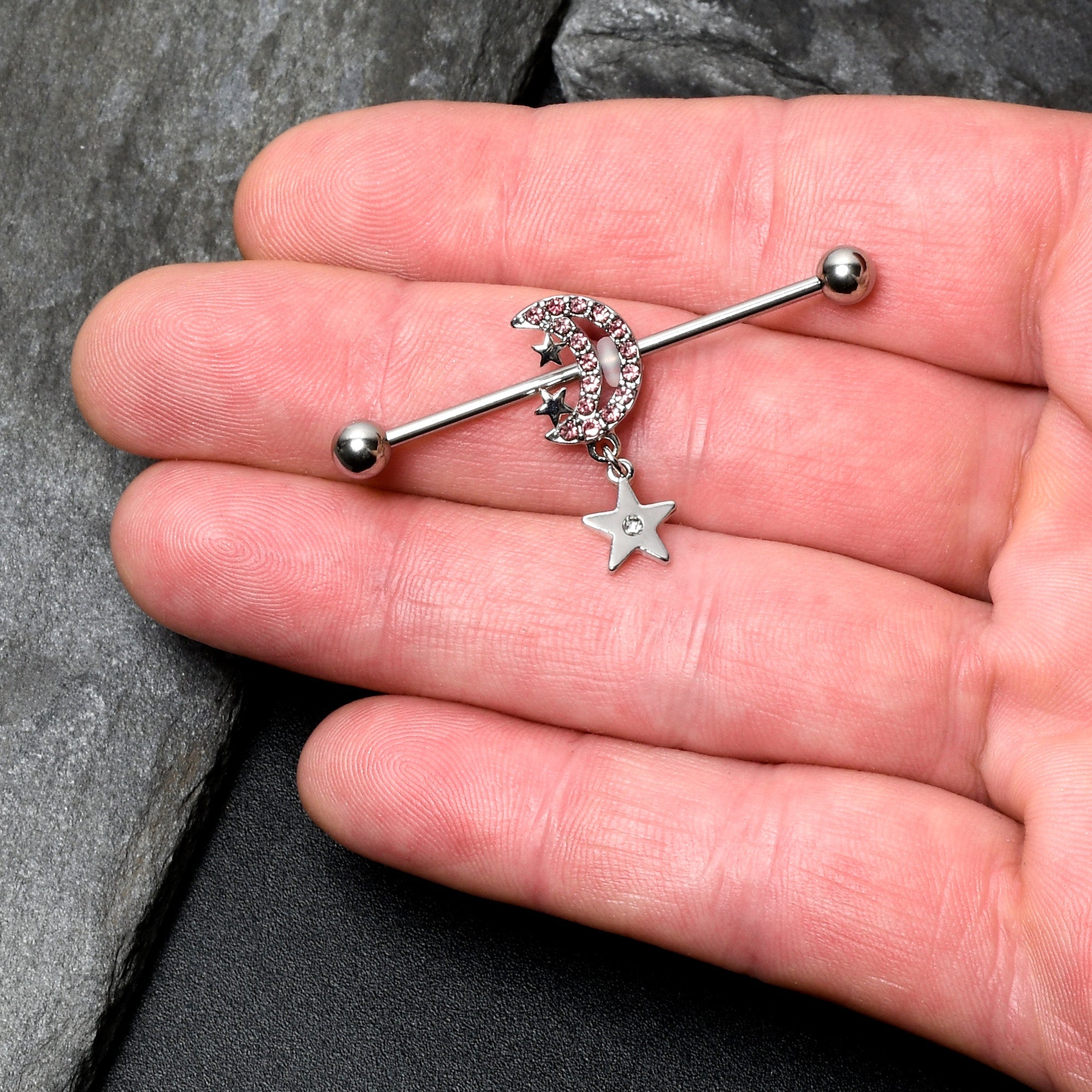 14G Pink CZ Gem Moon Dangle Star Industrial Barbell 38mm
