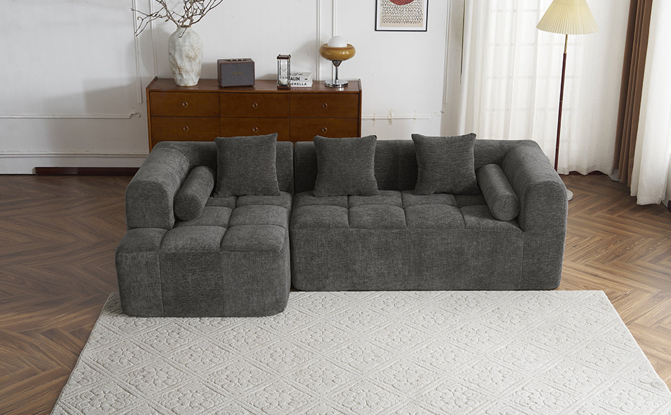 Modern Grey Modular Sectional Sofa with Deep Seating and Side Pockets in Chenille Fabric