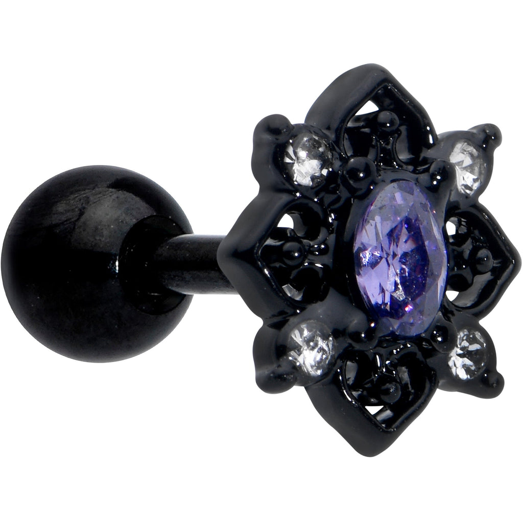 16G 1/4 Purple Gem Black Scrolling Hearts Cartilage Tragus Earring