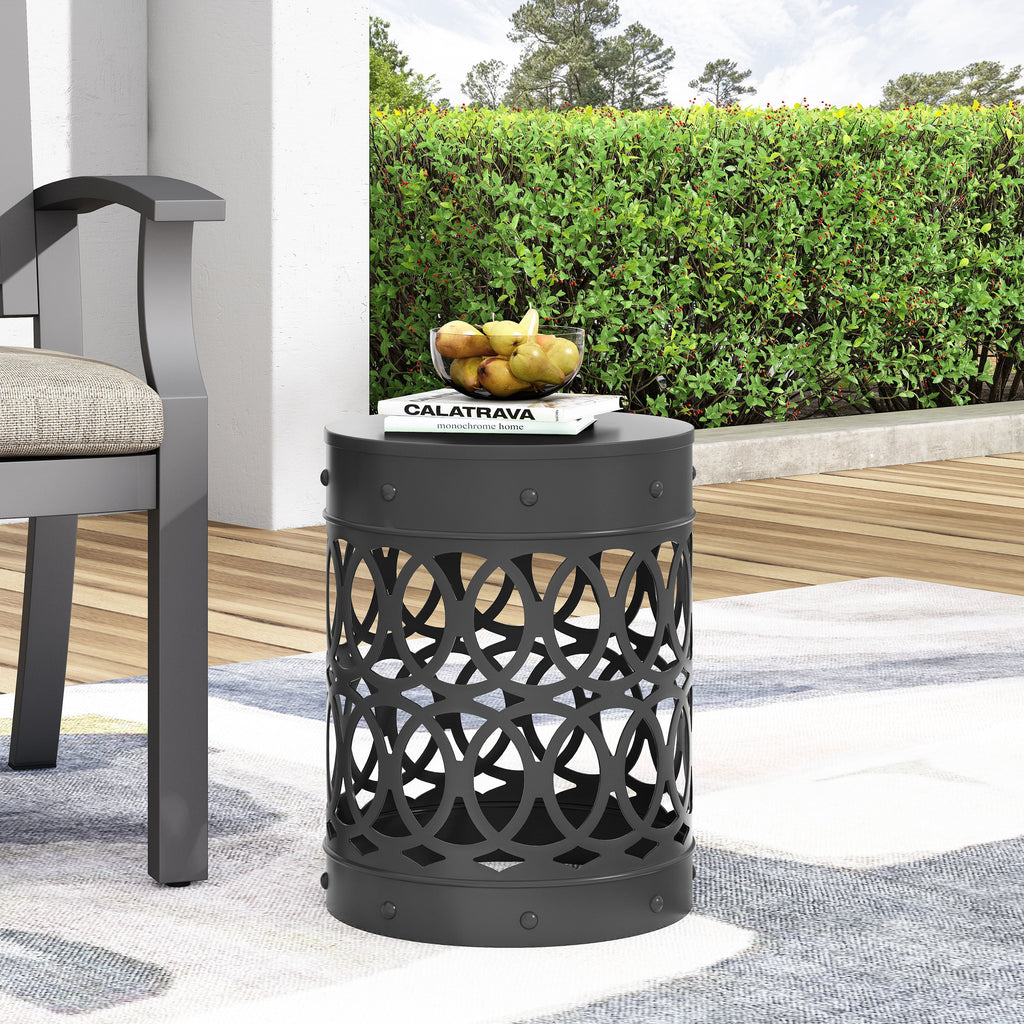 Modern Outdoor Metal End Table with Iron Cut Design in Black, Large Size