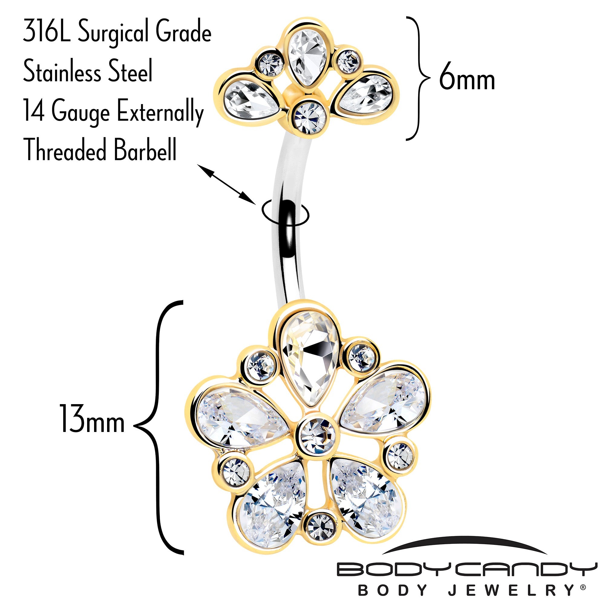 Clear Gem Filigree Flower Fantasy Double Mount Belly Ring