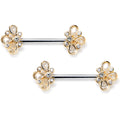 14G 9/16 Clear Gem Golden Crown Deluxe Barbell Nipple Ring Set