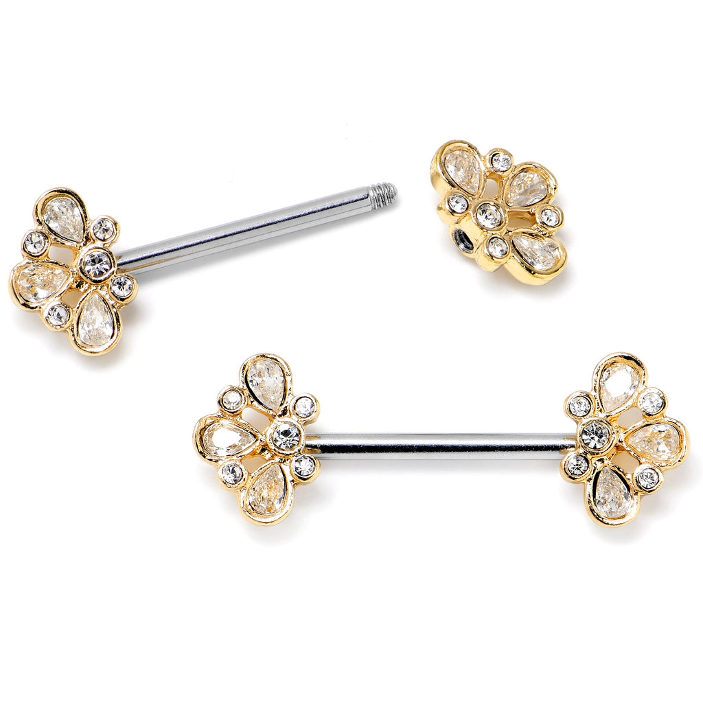 14G 9/16 Clear Gem Golden Crown Deluxe Barbell Nipple Ring Set