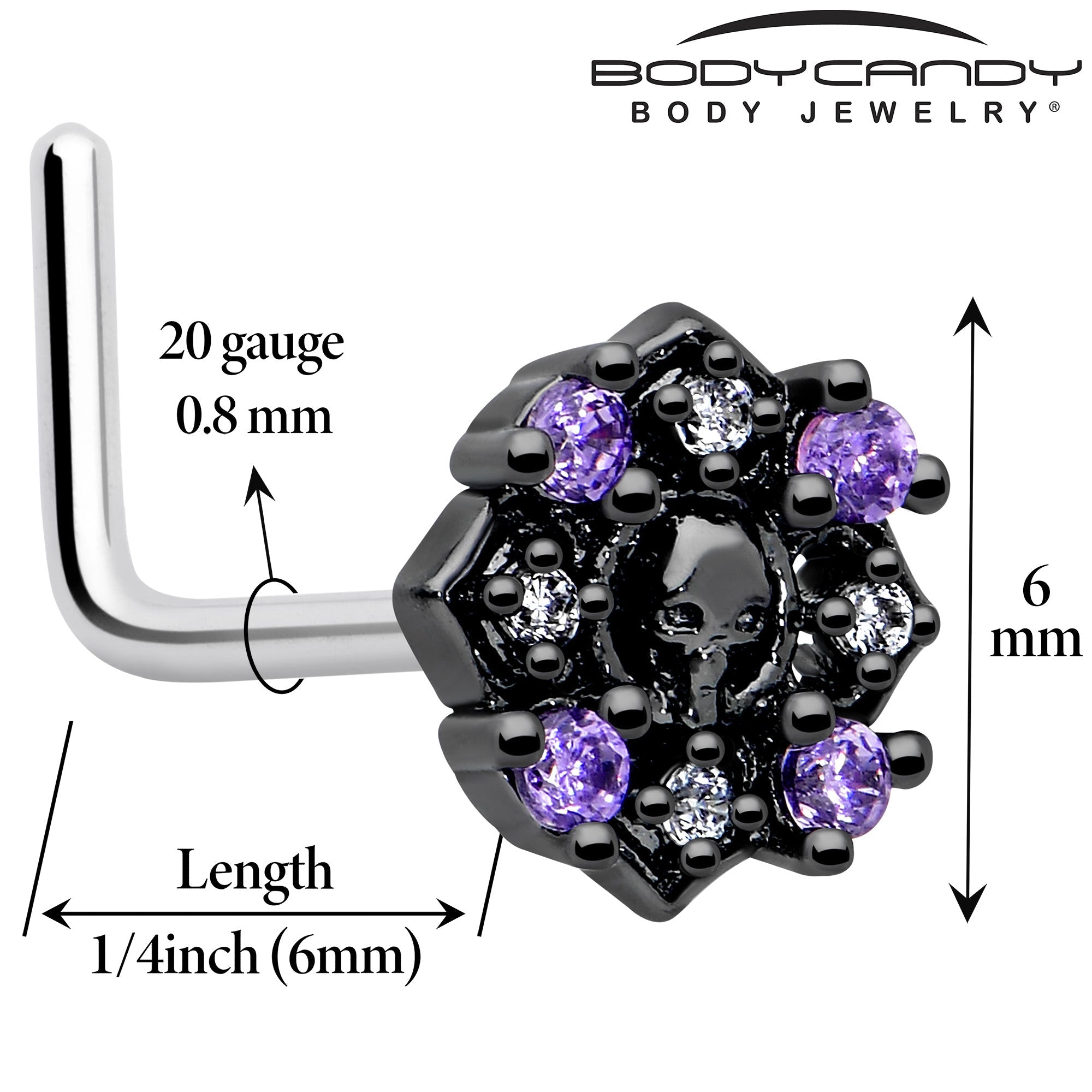 20G 7mm Pink Gem Skull Cross L Shape Nose Ring