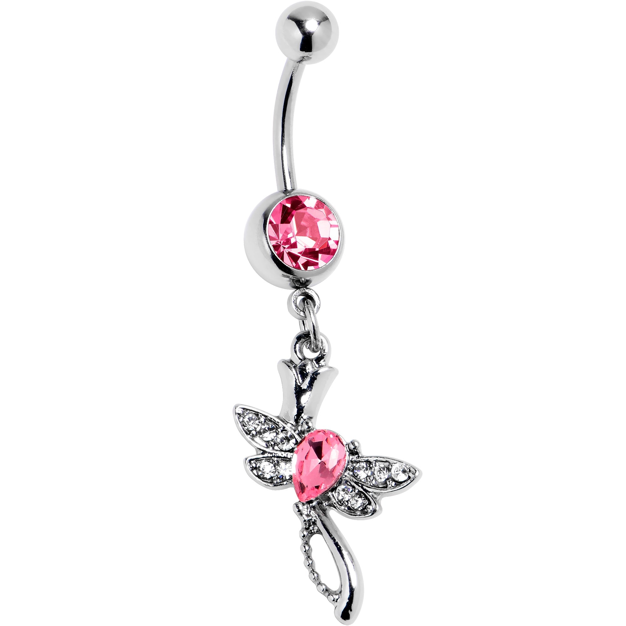 Pink Gem Bold Dragonfly Dangle Belly Ring