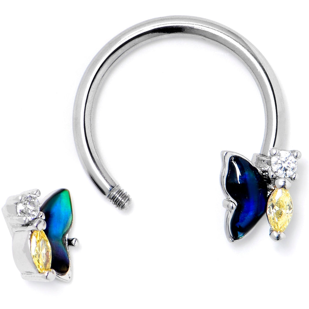 16G 3/8 Yellow Clear Gem Dark Butterfly Horseshoe Circular Barbell