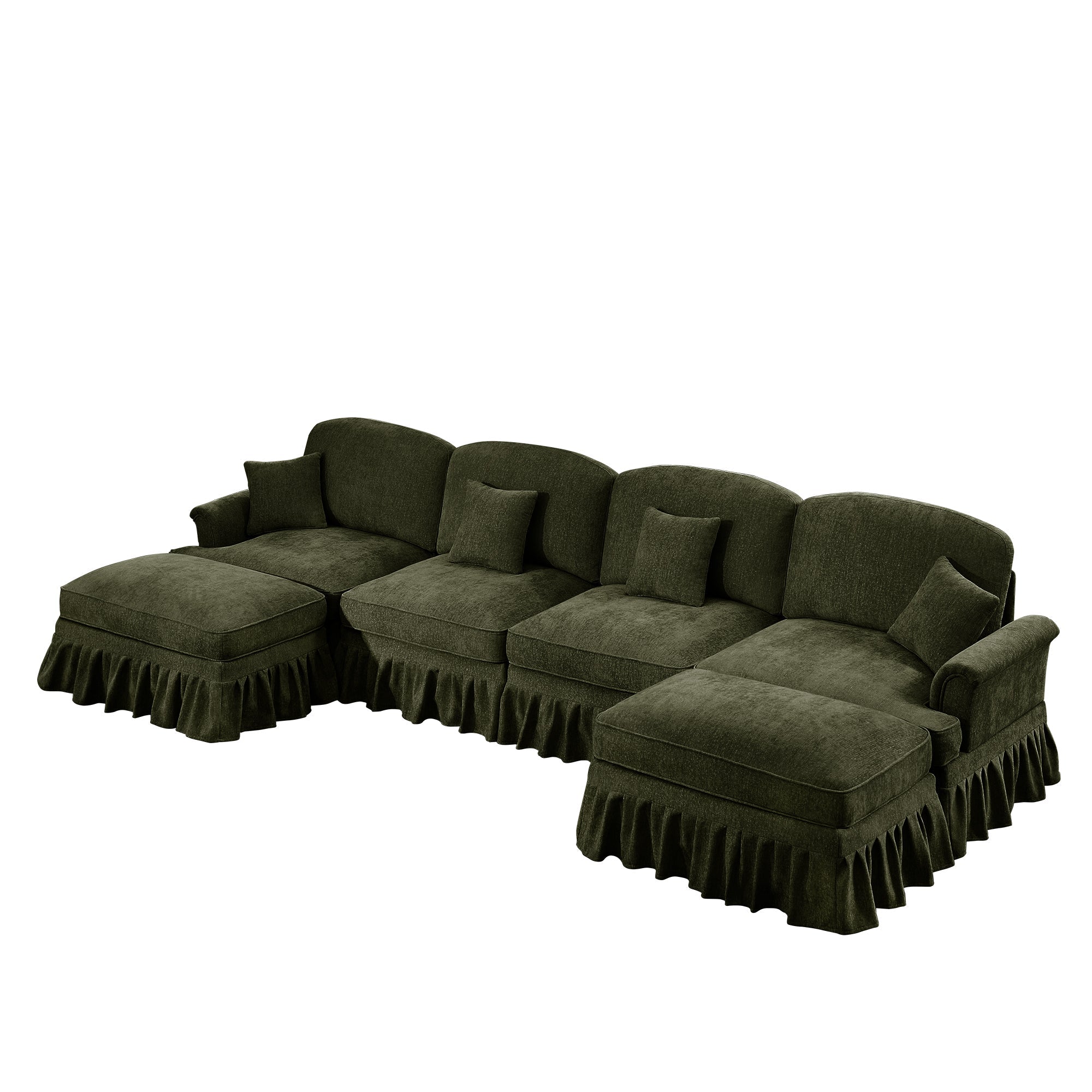 Classic U Shape 4 Seater Modular Sectional Sofa Couch with Flared Arms and Removable Ruffles Pleats Skirts and Spindle Legs, Chenille Deep Seat Cloud Sofa with Movable Ottomans, Green