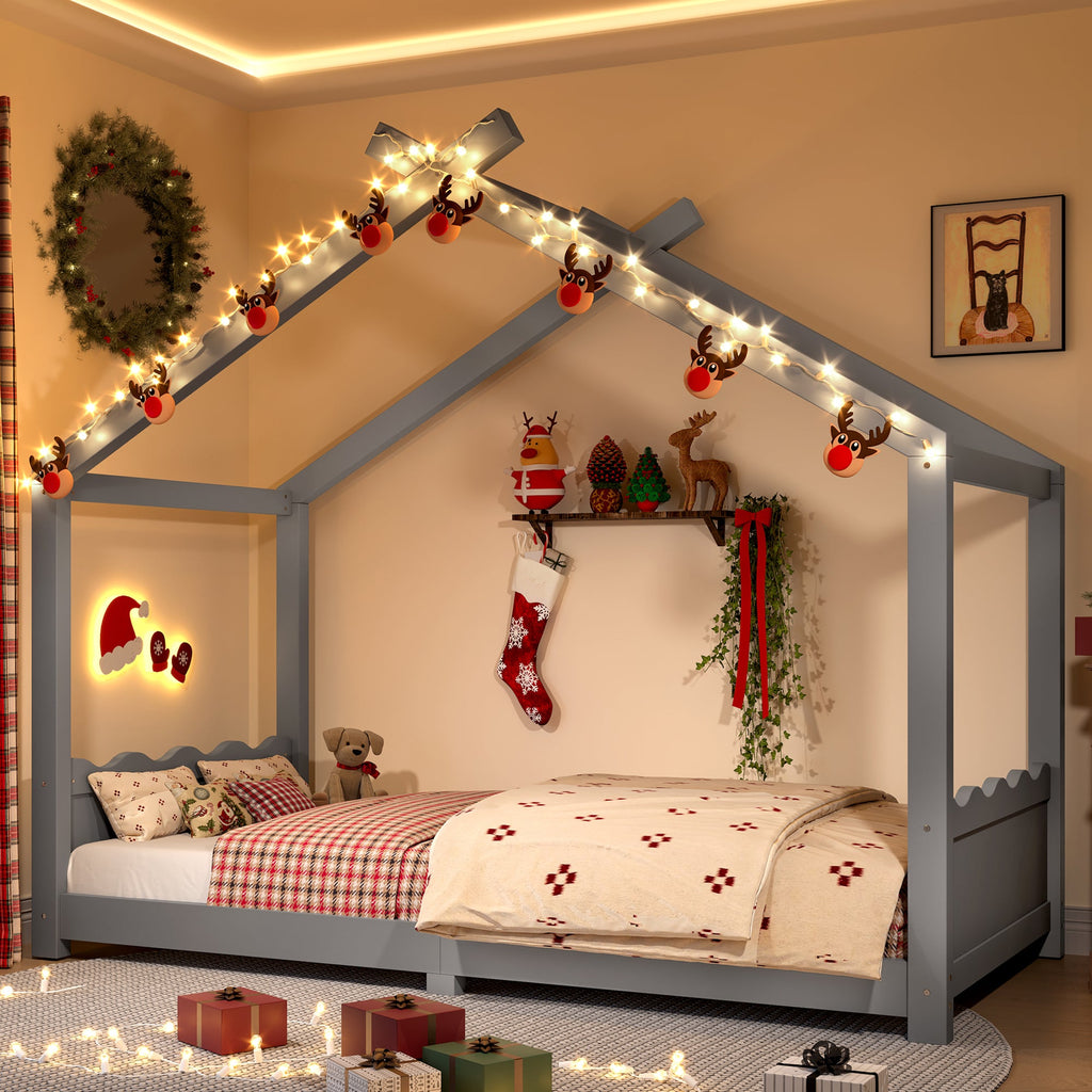 Twin House Floor Bed with Support Slats, Solid Wood House Bed Frame for Kids, No Box Spring Needed and Opening Constructure, Gray