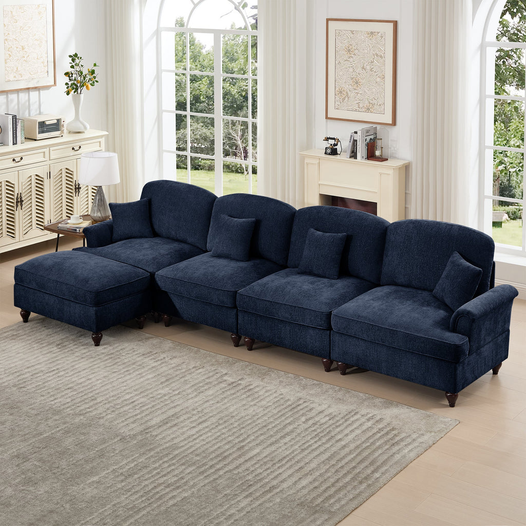 Classic Three Seater Modular L Shaped Sectional Couch with Flared Arms and Removable Ruffles Pleats Skirts and Spindle Legs, Comfy Chenille Four-Seat Deep Seat Sofa with Movable Ottoman, Blue