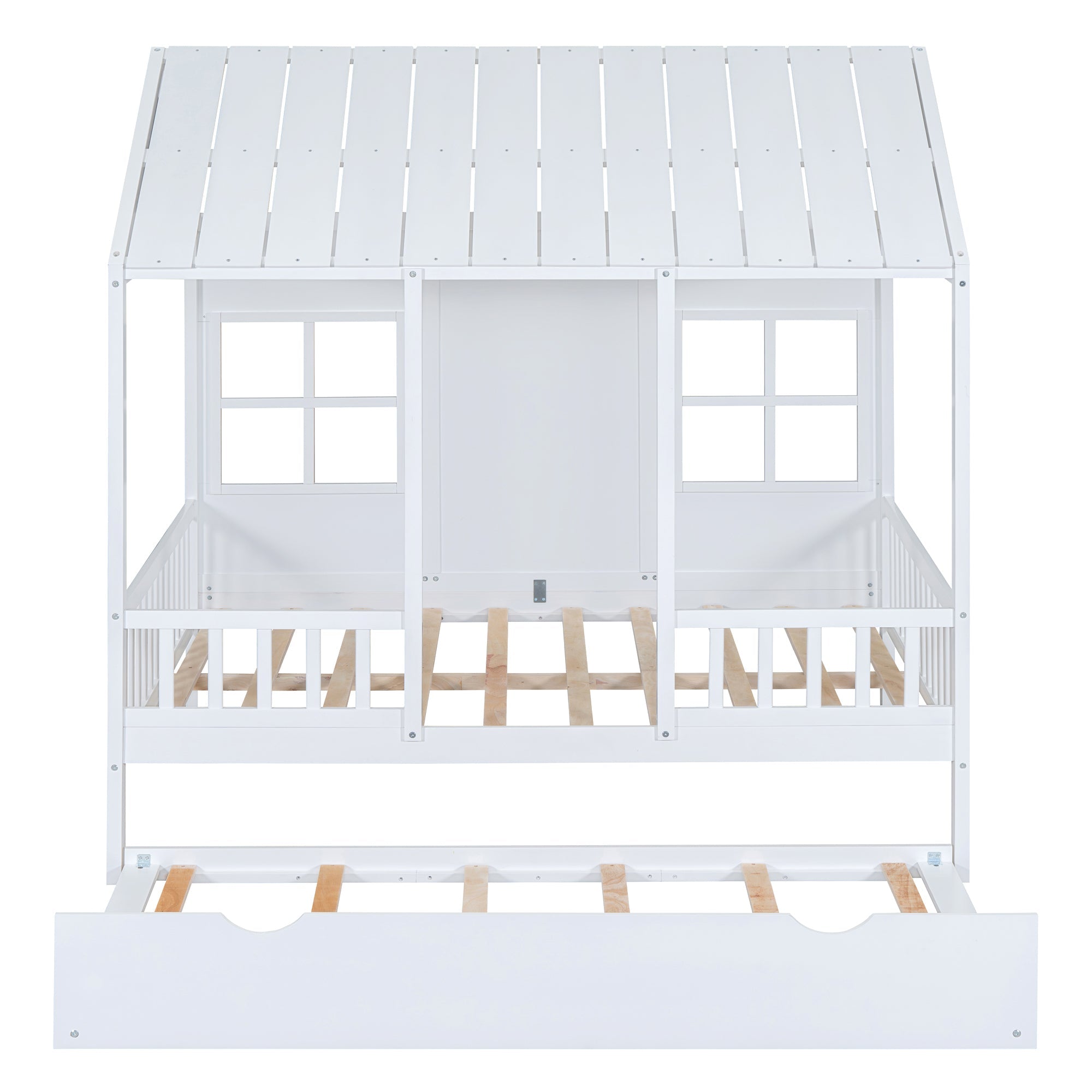 Full Size Wood House Bed With Twin Size Trundle, Wooden Daybed, White