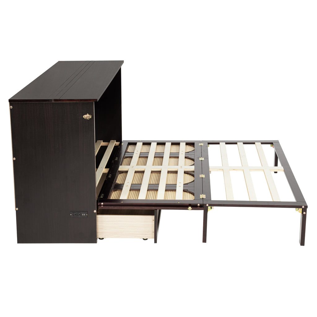 Queen Size Murphy Bed, Pine Wood Cabinet Bed with Power Station and Rattan Decoration Panel,Espresso