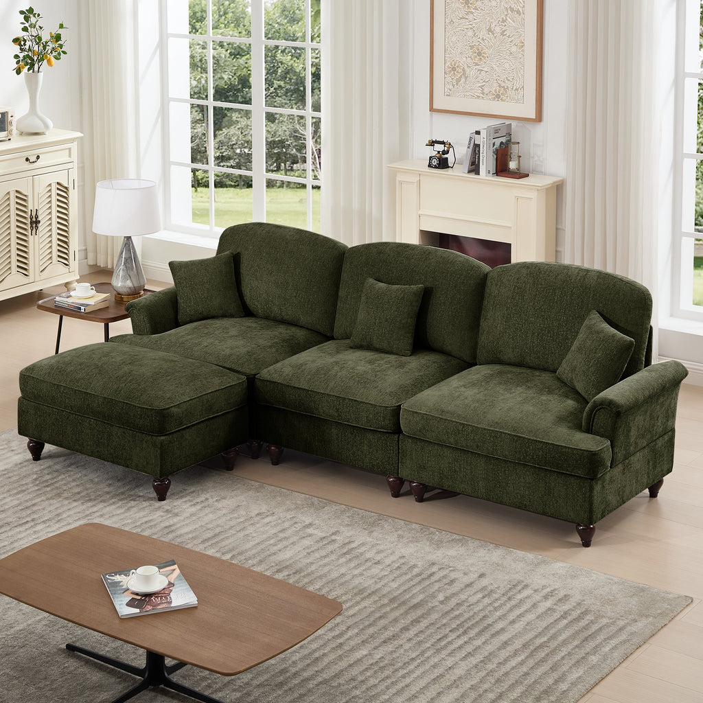 Mid Century Three Seater Modular L Shaped Sectional Couch with Flared Arms and Removable Ruffles Pleats Skirts and Spindle Legs, Comfy Chenille 3-Seat Deep Seat Sofa with Movable Ottoman,Green