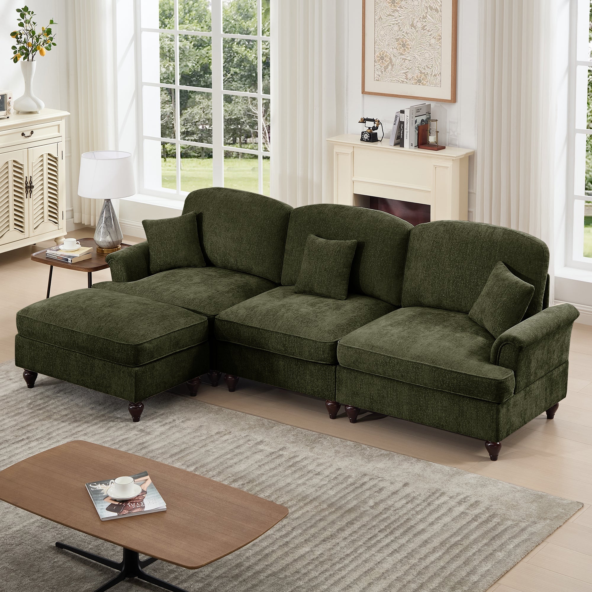 Mid Century Three Seater Modular L Shaped Sectional Couch with Flared Arms and Removable Ruffles Pleats Skirts and Spindle Legs, Comfy Chenille 3-Seat Deep Seat Sofa with Movable Ottoman,Green